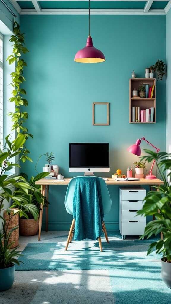 A bright and cheerful feminine home office with teal walls, colorful decor, and plants.