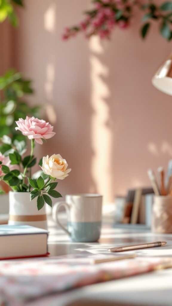 A cozy home office desk adorned with pink and cream roses in a vase, a cup, a book, and a pen.