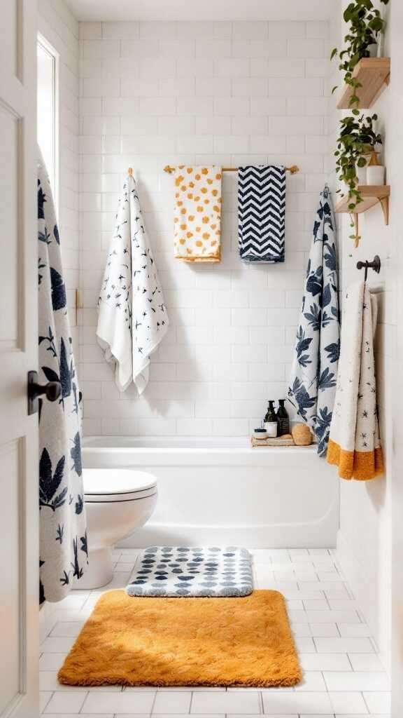 A modern small bathroom with patterned towels and mats.