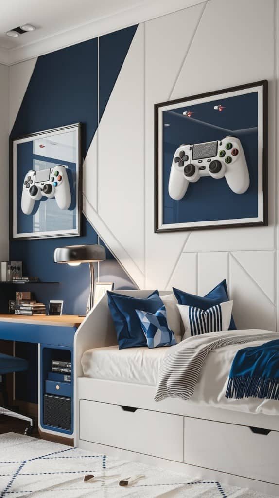 Stylish gamer bedroom with framed controllers and modern bedding.