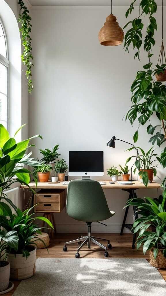 A feminine home office with a desk, computer, and various plants for a fresh atmosphere.