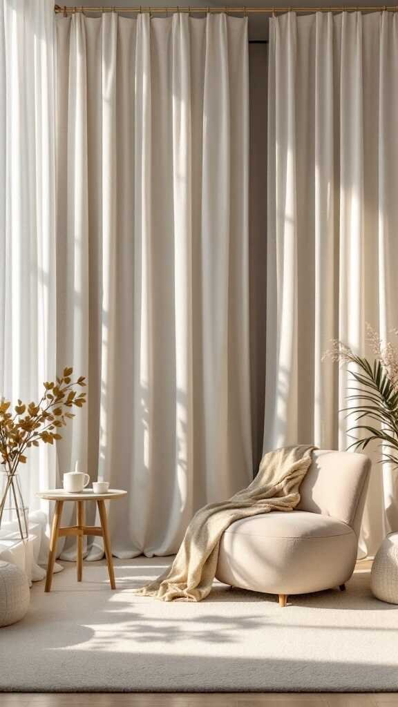 A cozy home office corner with light curtains and a plush chair.