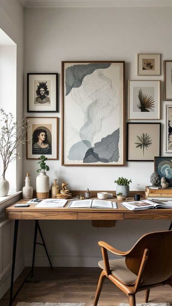 A modern home office featuring local art, including framed pictures and decorative items on a desk.