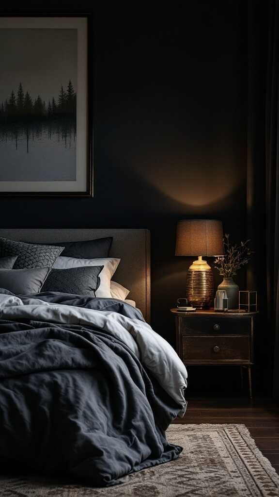 A dark bedroom with metallic accents, featuring a cozy bed and warm lighting.