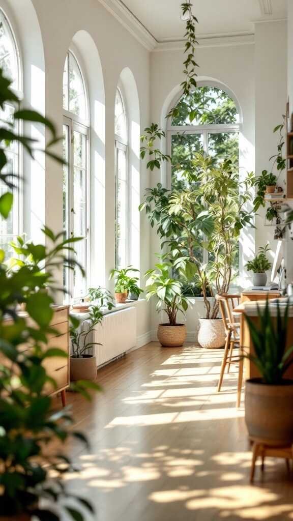 Bright home office with large windows and plants