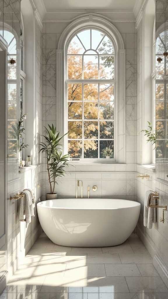 A modern small bathroom with large windows allowing natural light, featuring a white bathtub and plants.