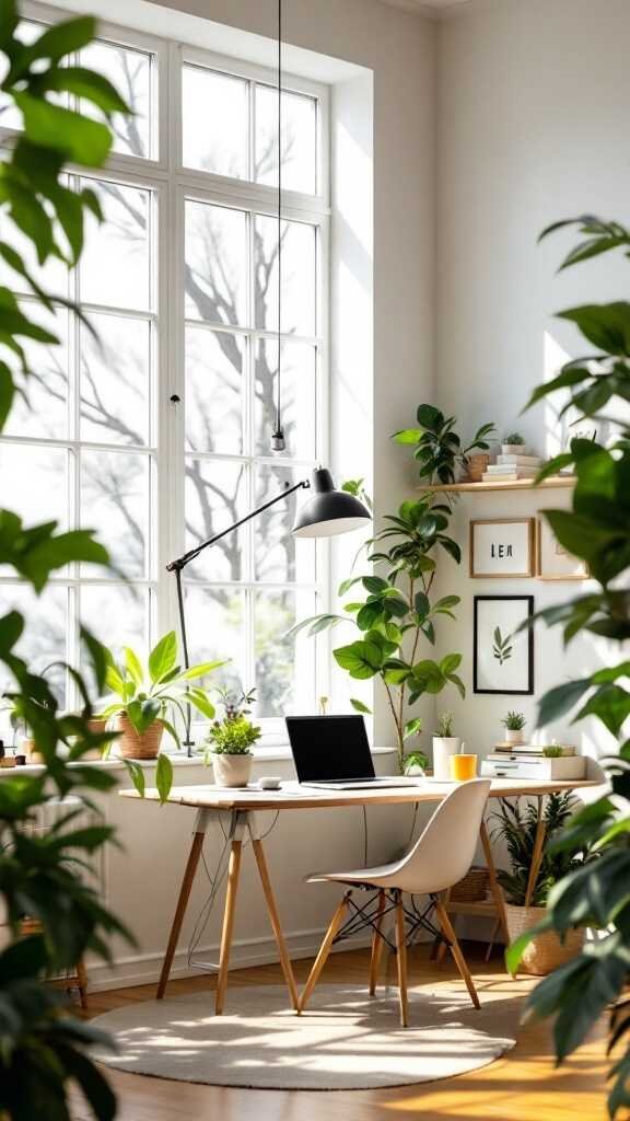 A bright home office with large windows, plants, and a simple desk setup.