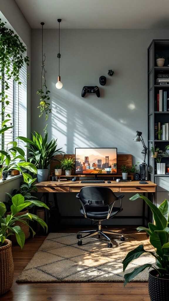 A modern gaming room with plants, a desk, and a monitor