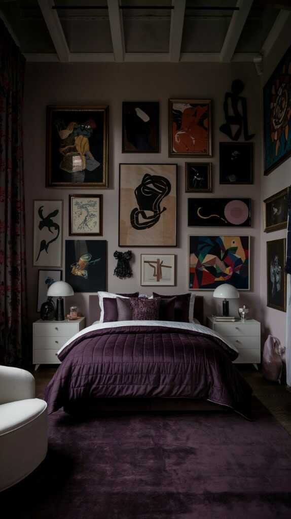 A cozy dark bedroom with a collection of art pieces on the walls, showcasing a dark feminine aesthetic.