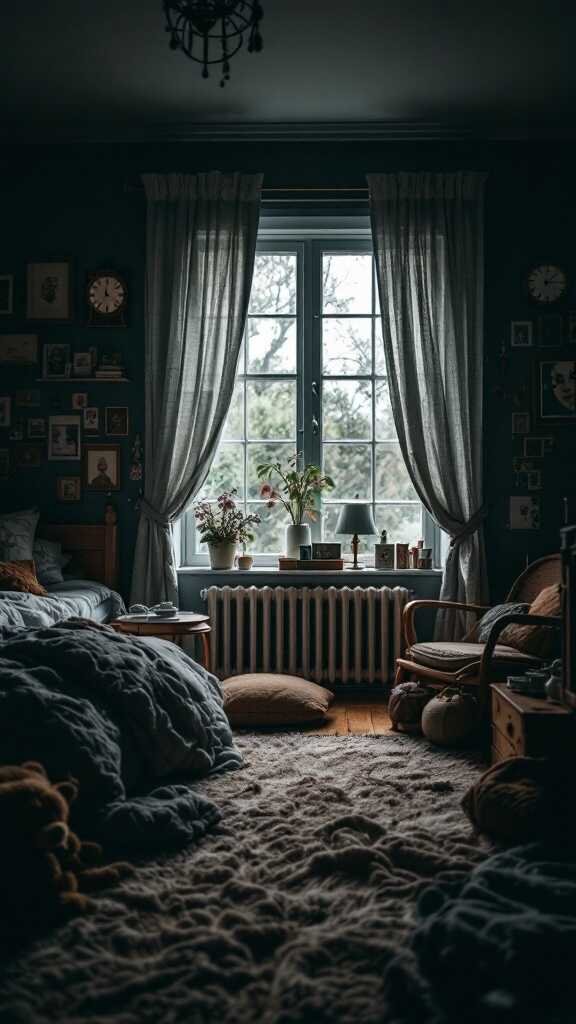 A cozy dark bedroom featuring a bed with soft blankets, a window with plants, and various decor items on the walls.