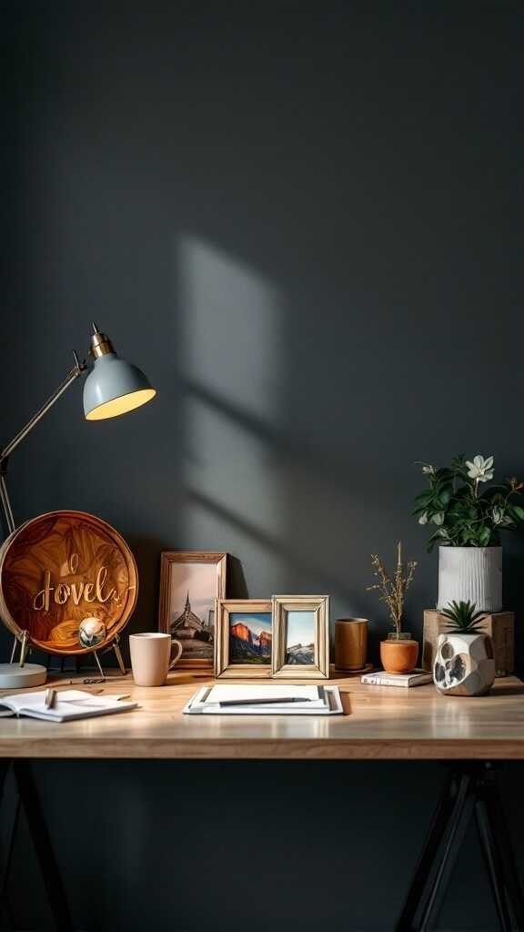 A stylish home office desk with decorative items, plants, and personal touches.