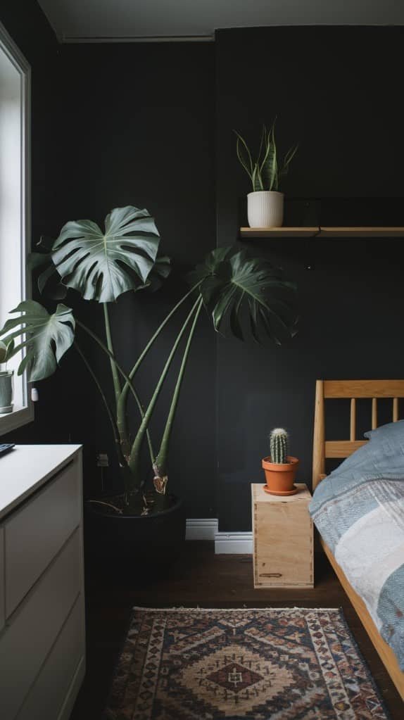 A dark bedroom filled with lush plants, featuring a cozy bed