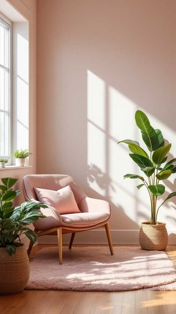 Cozy corner with a pink chair, plants, and natural light