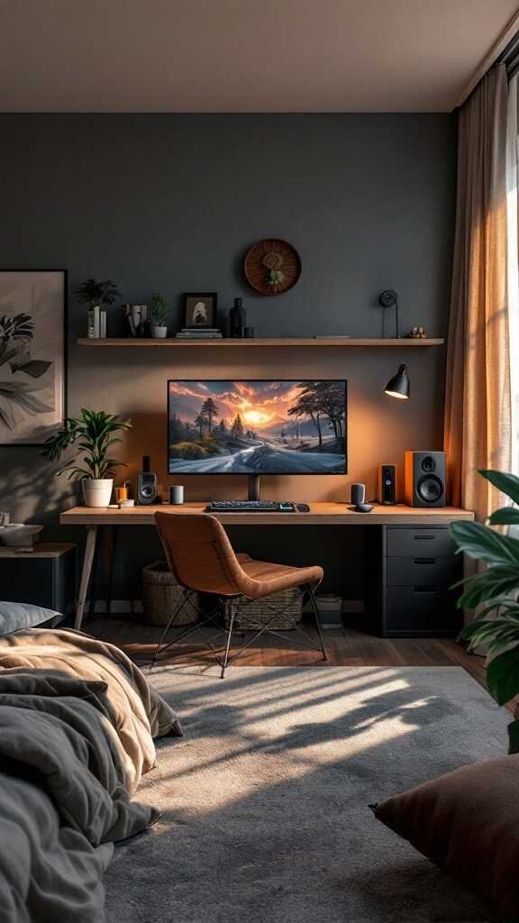 A stylish gaming bedroom with a large monitor, cozy chair, and smart home technology.