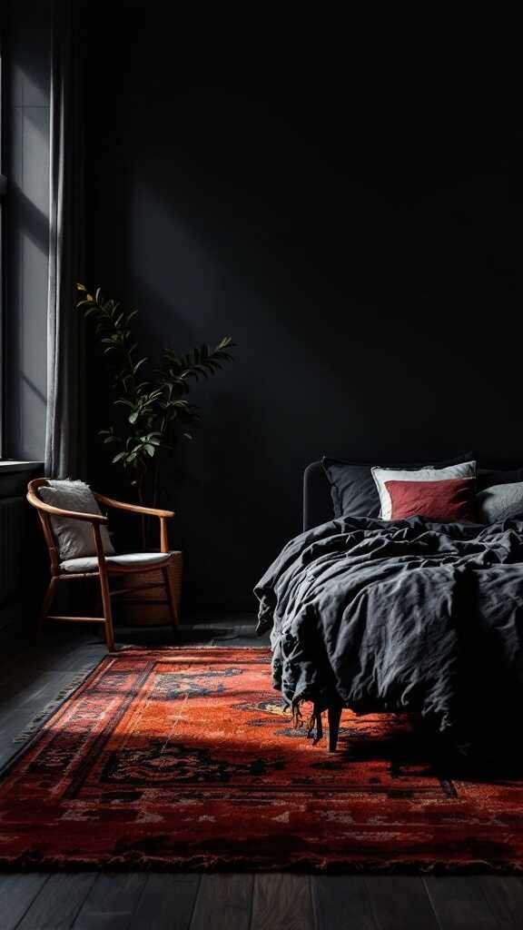 A dark bedroom featuring a cozy bed with a colorful area rug, a chair, and a plant.