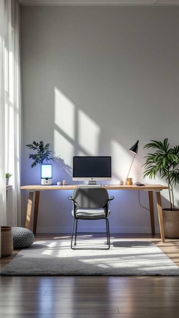 A modern home office with a desk, computer, and plants in a bright room.