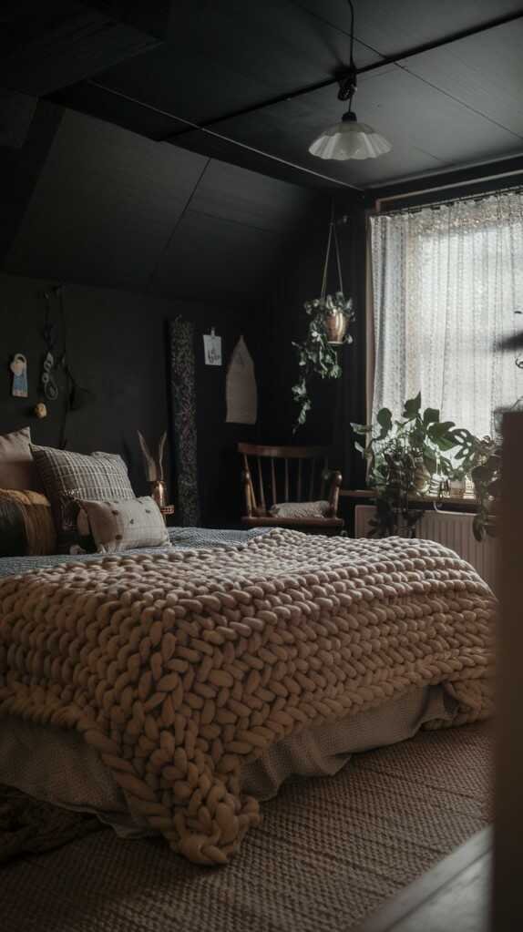 A cozy dark bedroom featuring a chunky knitted blanket on a bed, dark walls, and soft pillows.