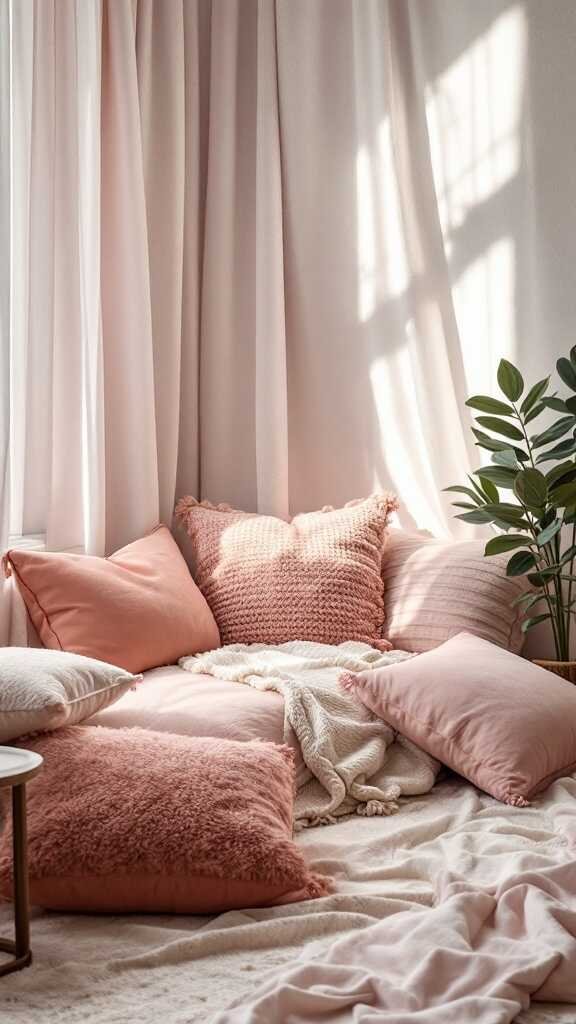 Cozy feminine home office corner with soft pillows and curtains