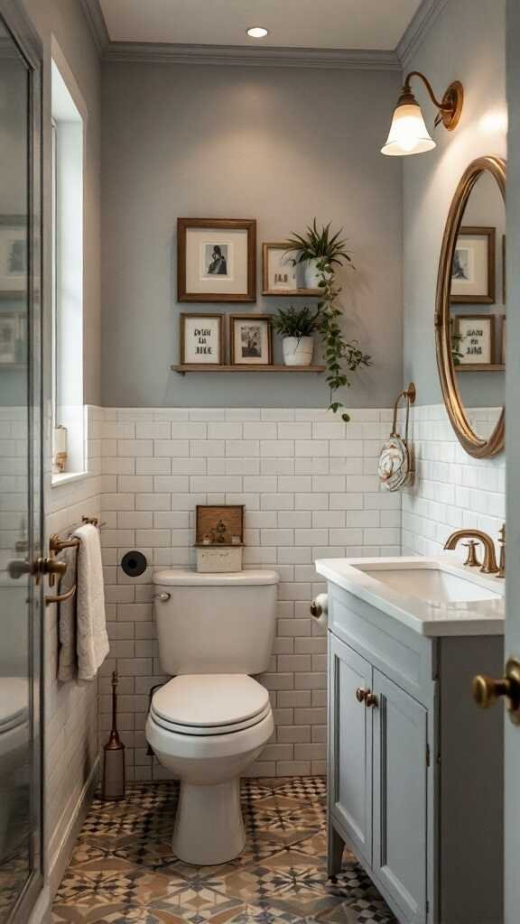 A modern small bathroom featuring vintage elements like framed art, a round mirror, and stylish light fixtures.