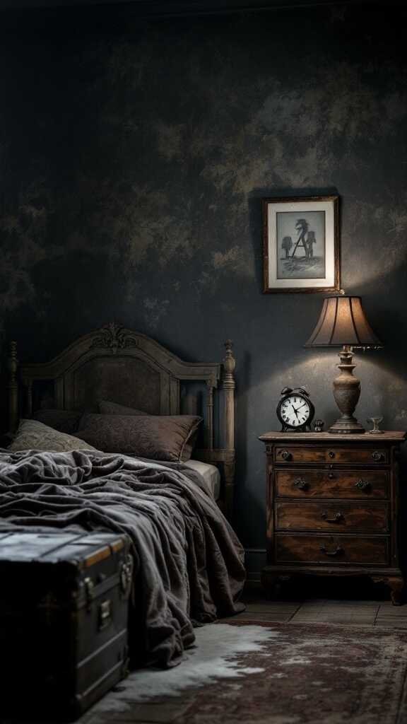 Dark moody bedroom featuring vintage elements like a wooden bed, antique bedside table, and layered blankets.