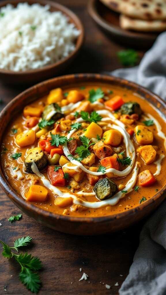 Bowl of Indian Vegetable Korma with vegetables and herbs