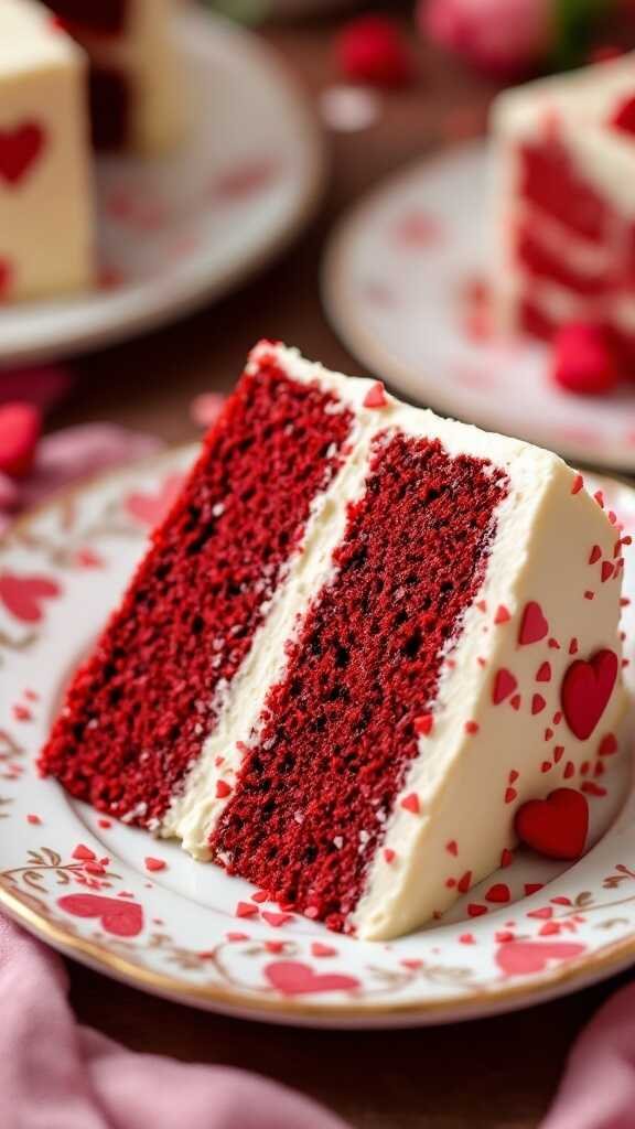 A slice of red velvet cake decorated with heart shapes.