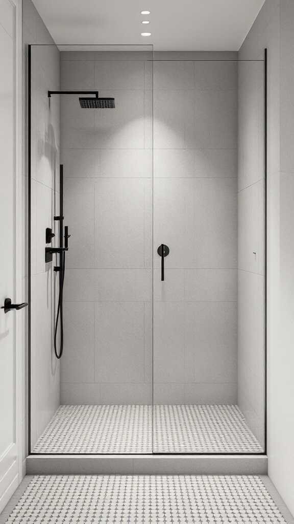 Modern minimalist shower design in a small bathroom.