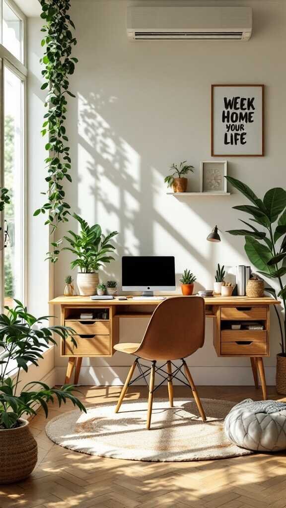 A modern home office with plants and a wooden desk.
