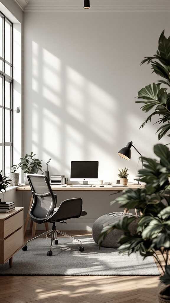 A modern home office with a desk, ergonomic chair, plants, and natural light.