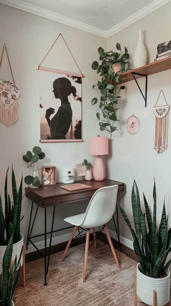 A feminine home office with personal touches, including framed photos, plants, and a stylish desk.