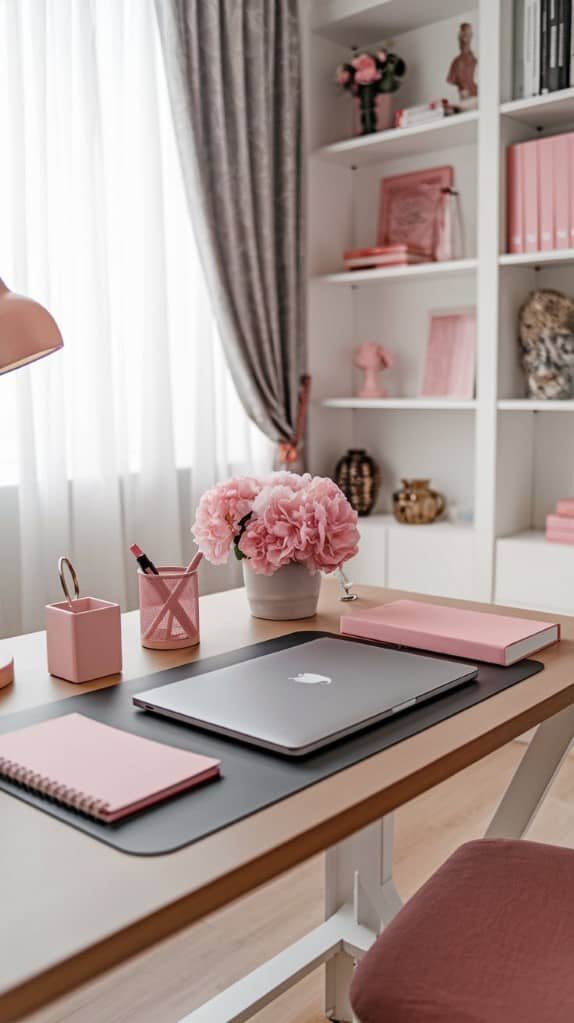 A feminine home office desk with a laptop, stationery, and pink flowers.