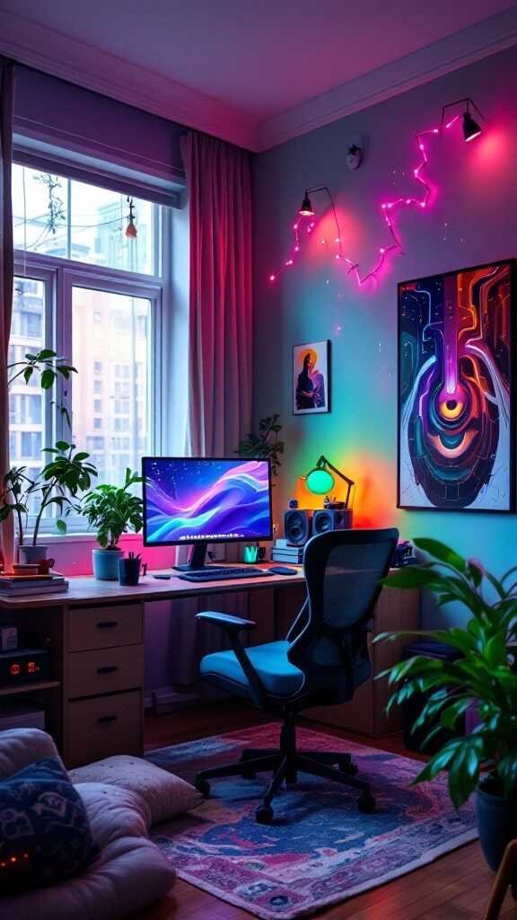 A colorful gaming room featuring a desk with a computer, neon lights, plants, and an inviting atmosphere.