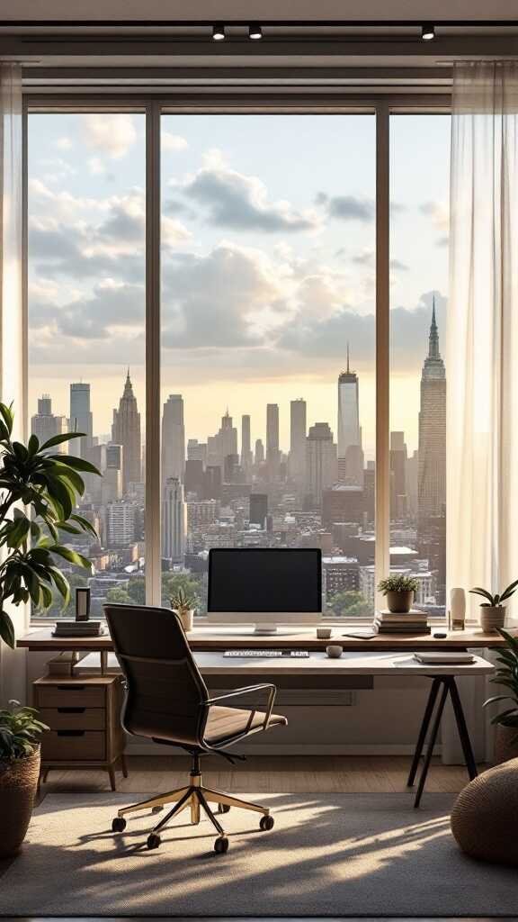 Modern home office with city skyline view and plants