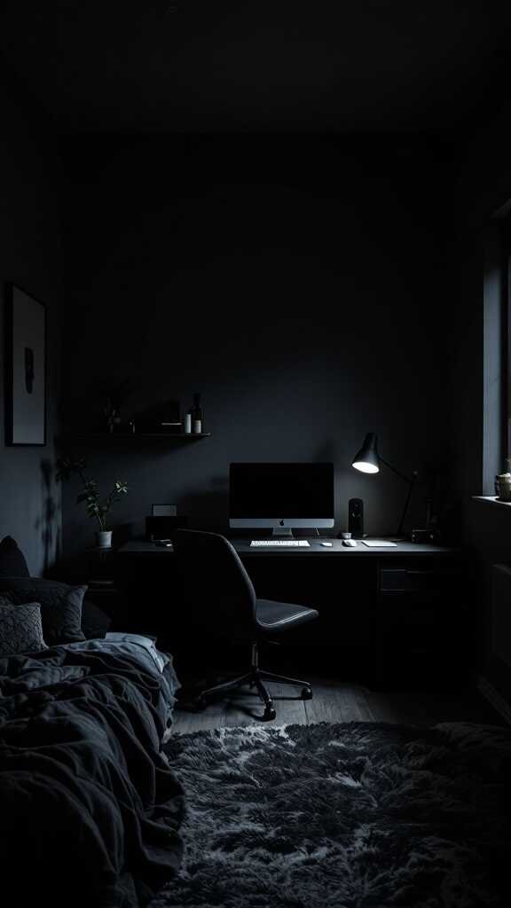 A dark bedroom featuring a workspace with a computer, desk lamp, and a cozy bed.