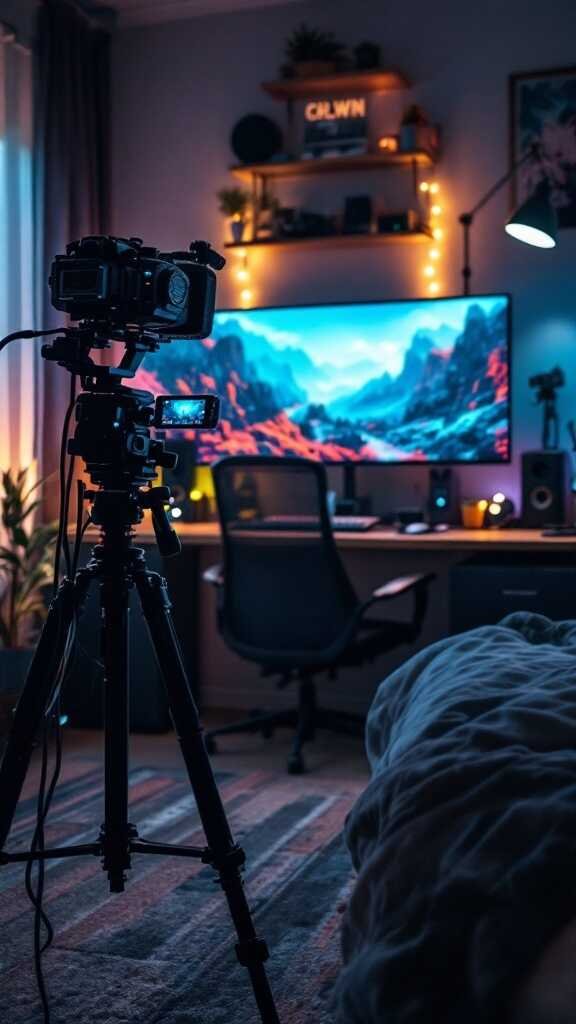 A cozy gaming bedroom setup featuring a large monitor, camera on a tripod, and soft lighting.