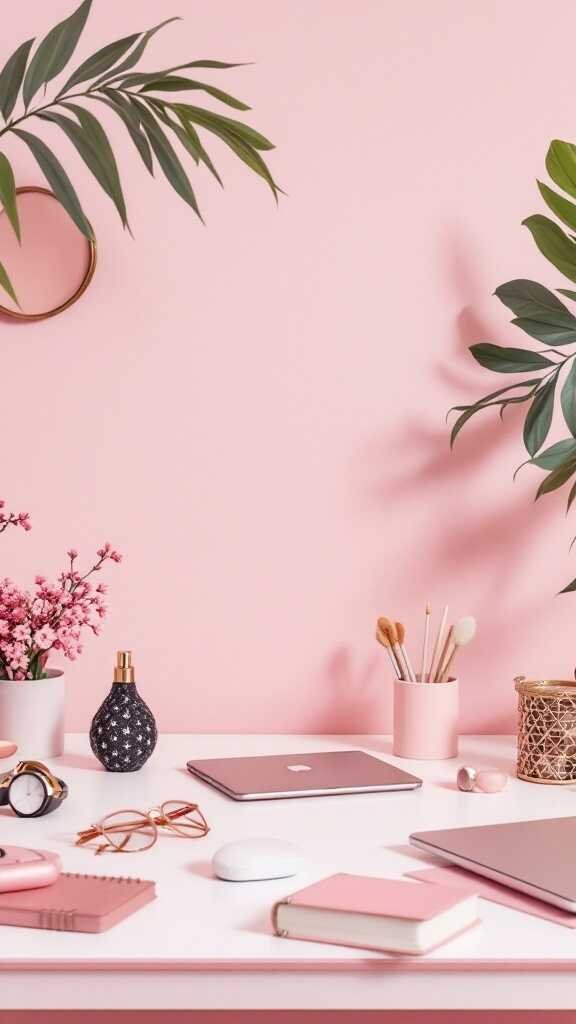 A feminine home office setup featuring a pink background, stylish tech gadgets, and decorative elements.