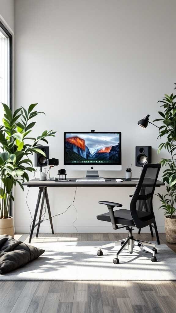 Modern home office setup with a computer, speakers, and plants.