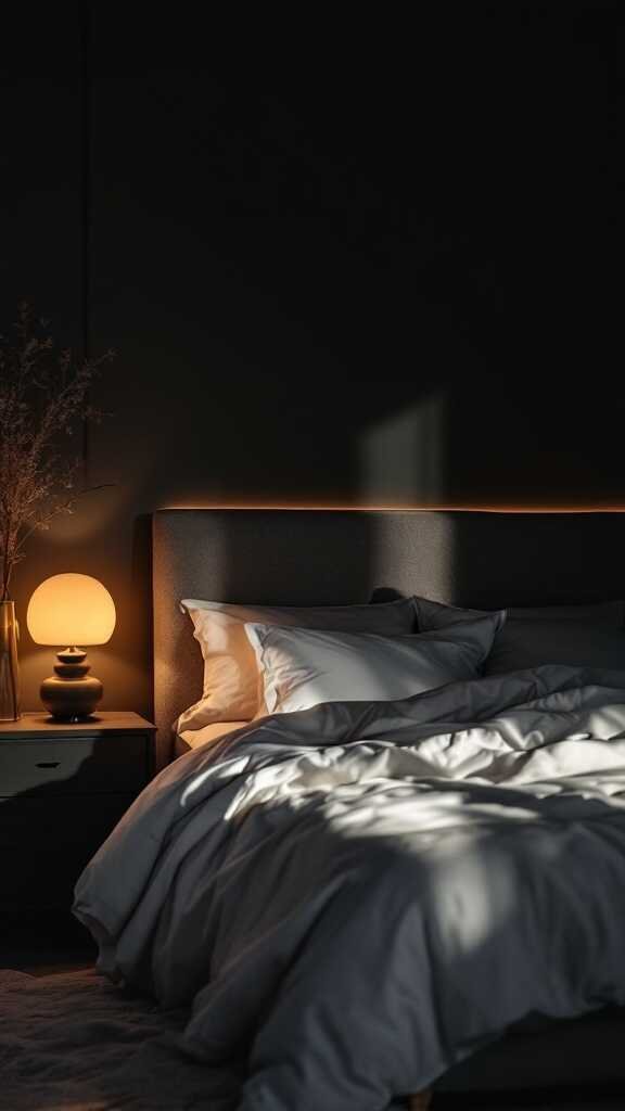 Cozy dark bedroom with soft bedding and warm lamp light