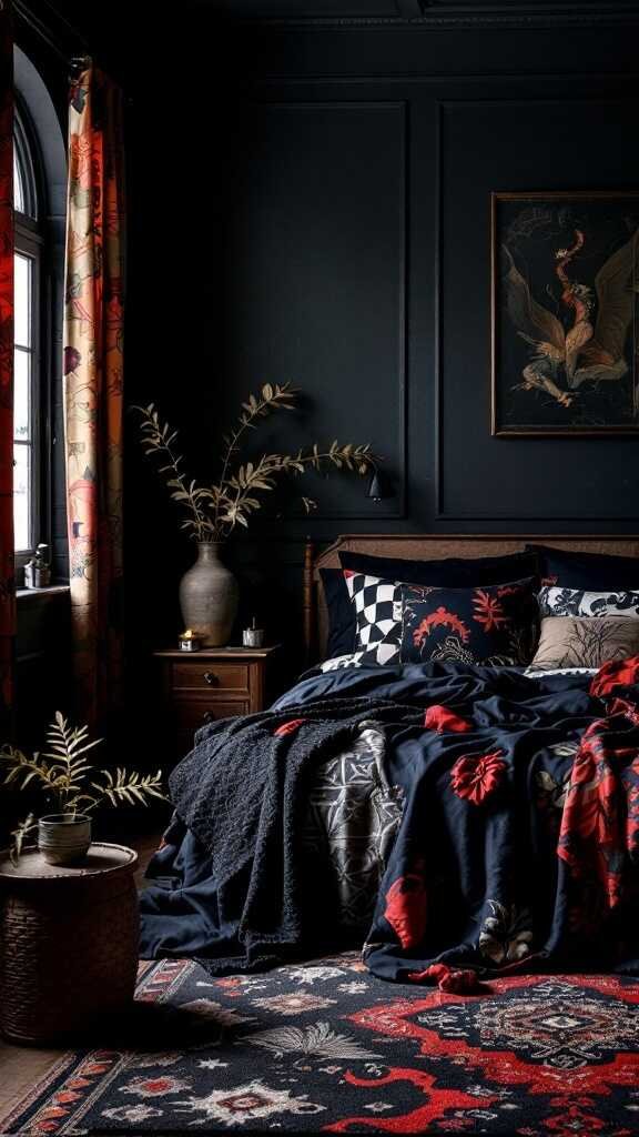 A moody dark bedroom featuring patterned bedding and decor.