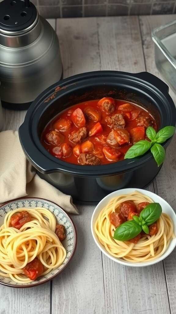 A bowl of Italian Beef Ragu served with spaghetti, garnished with basil.