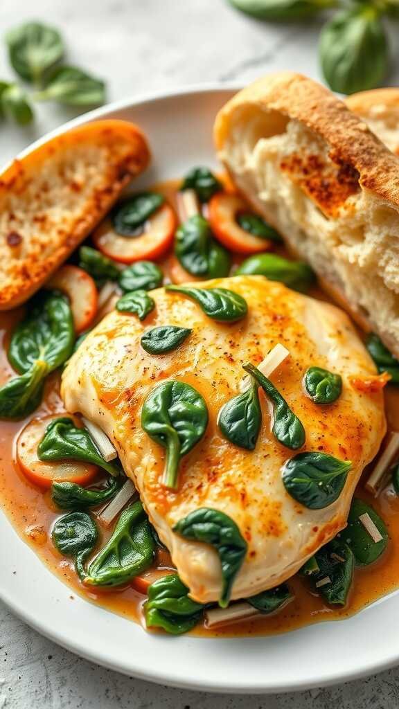 A plate of Italian chicken with spinach, served with bread on the side.