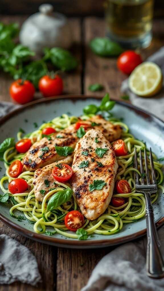 Plate of Italian chicken with zucchini noodles, garnished with tomatoes and basil.