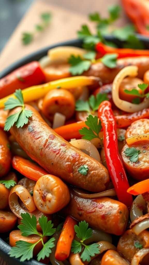 A colorful dish of Italian sausages and bell peppers, garnished with parsley.