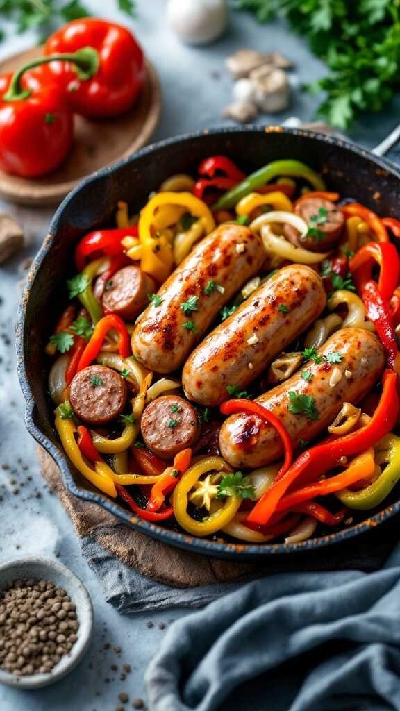 A delicious skillet of Italian sausage and colorful bell peppers