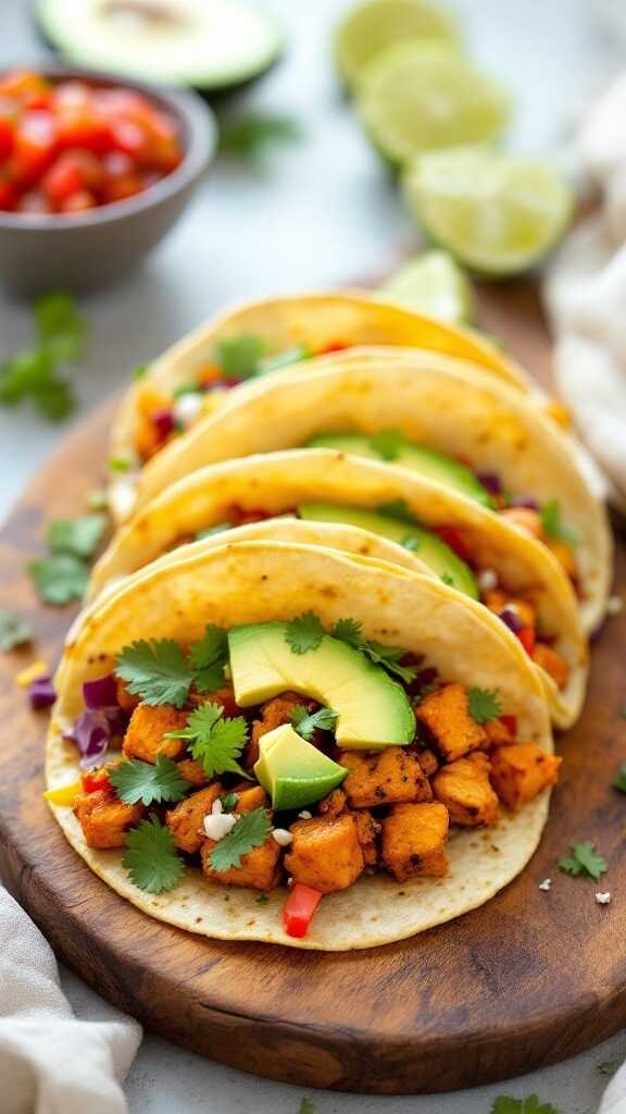 Jackfruit tacos with avocado and cilantro on a wooden board