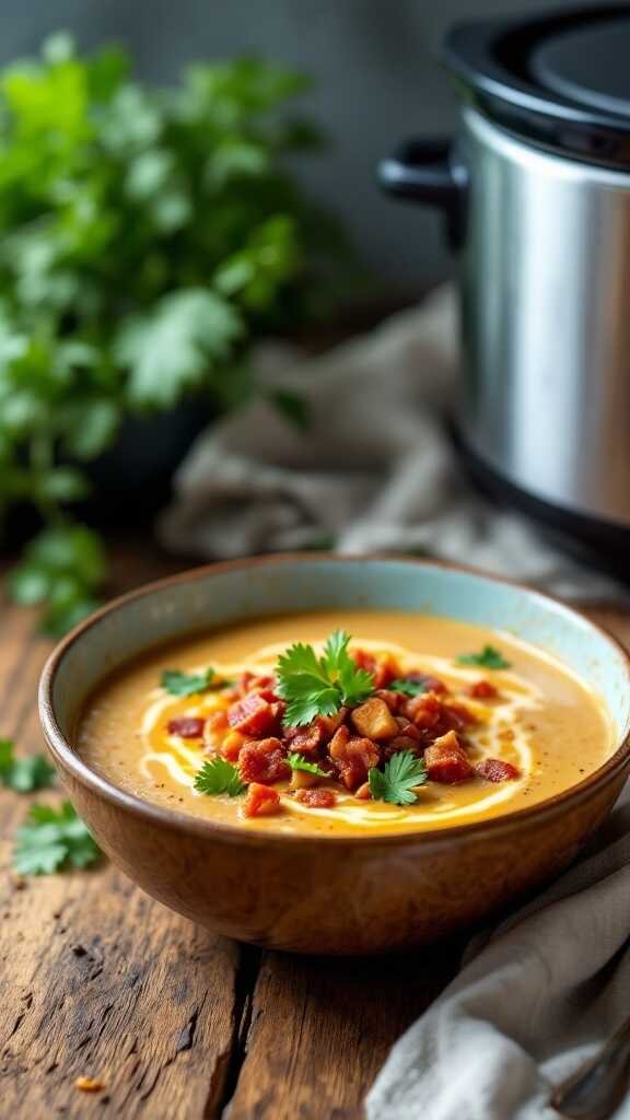 A warm bowl of Jalapeno Popper Soup garnished with cilantro, served next to a crockpot.