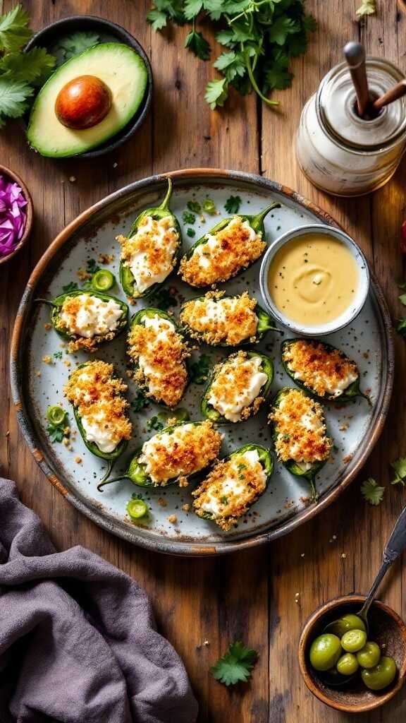 A plate of vegan jalapeño poppers topped with breadcrumbs, served with a dipping sauce.