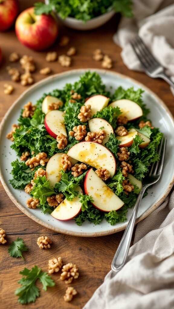 Kale and apple salad with walnuts on a plate.