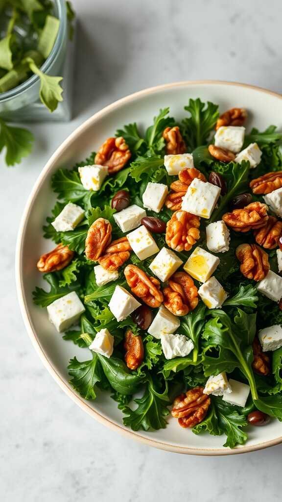 A fresh kale salad with feta cheese and walnuts