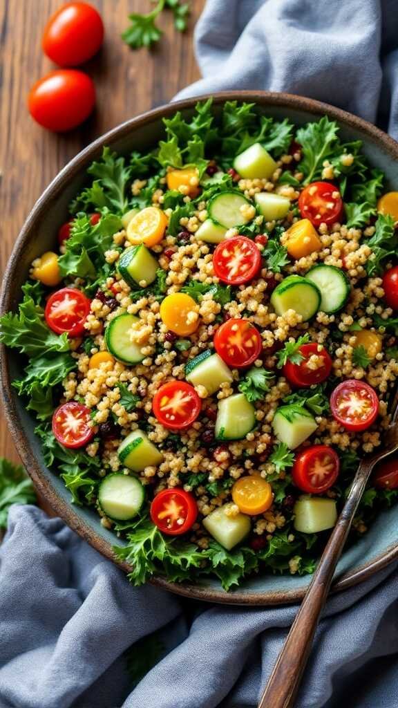 A colorful kale and quinoa salad with cherry tomatoes, cucumber, and nuts